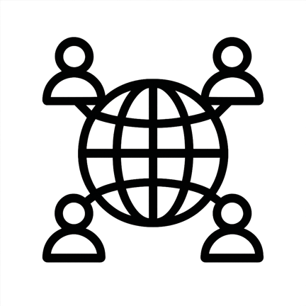 create a black and white icon of a globe with people or network nodes representing global community and interconnectedness with transparent background