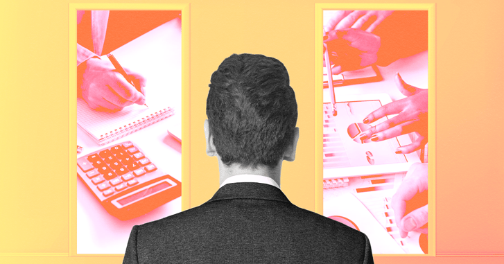 man faced with 2 decisions vector