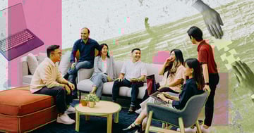 team seated in office lobby vector